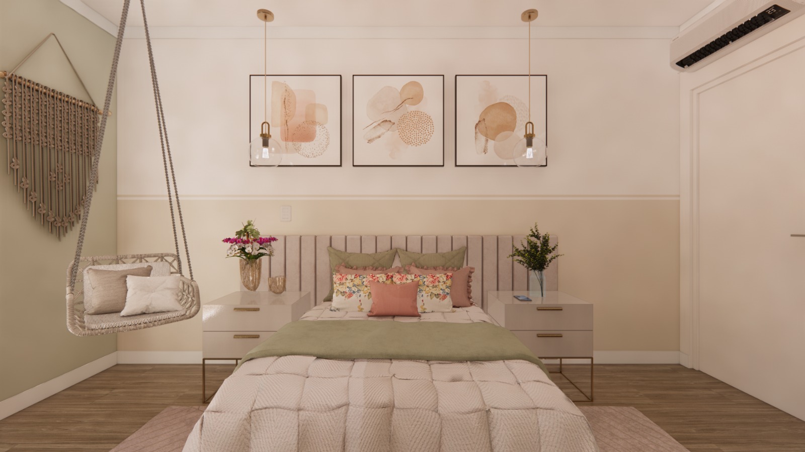 Quarto de adolescente em tons pastéis com balanço suspenso, quadros e cabeceira estofada